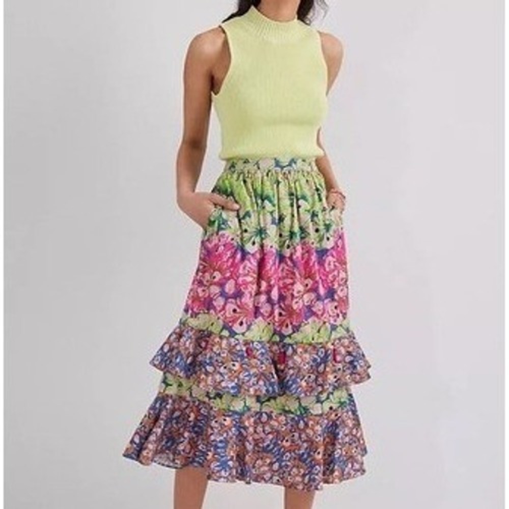 Anthropologie Roopa‎ Pemmaraju Villa Midi Skirt S Floral Tiered Tassels  Boho